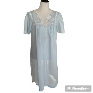 Vintage Barbizon Nightgown Pale Blue Lace Embroidery Sheer Prairie Cottagecore